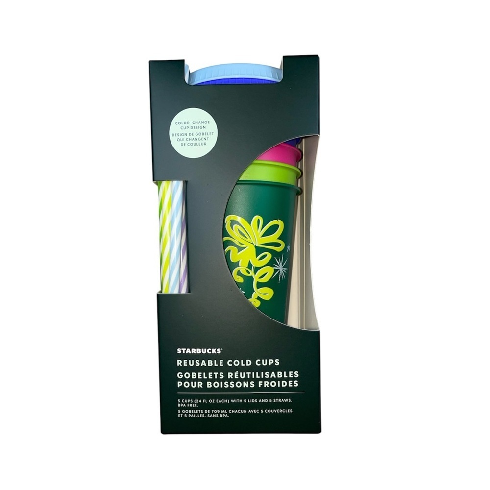 Starbucks Holiday Color-Change Reusable Cold Cups Set of 5 w/ Lids & Straws